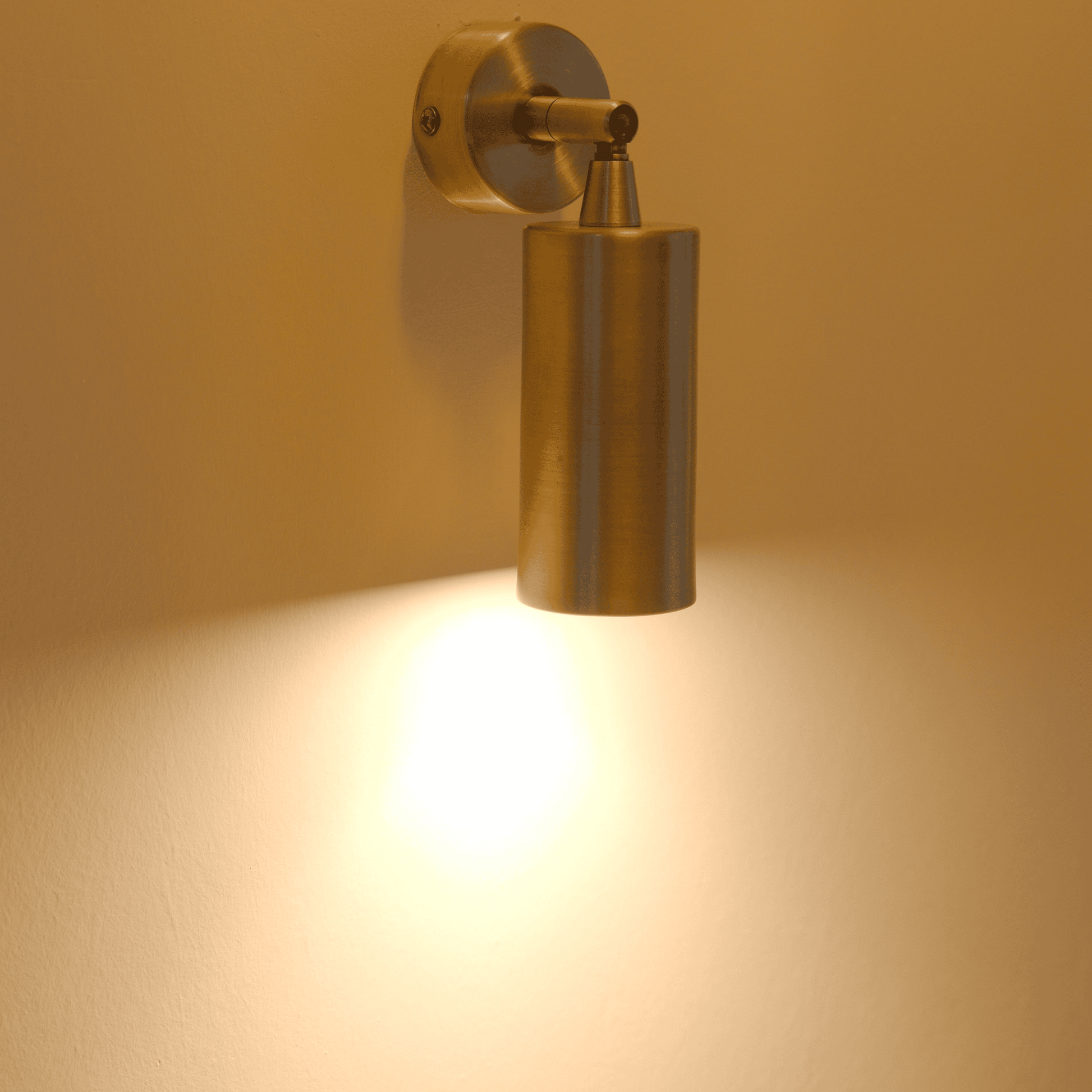 Adjustable brass wall sconce with cylindrical design providing focused spotlight illumination.