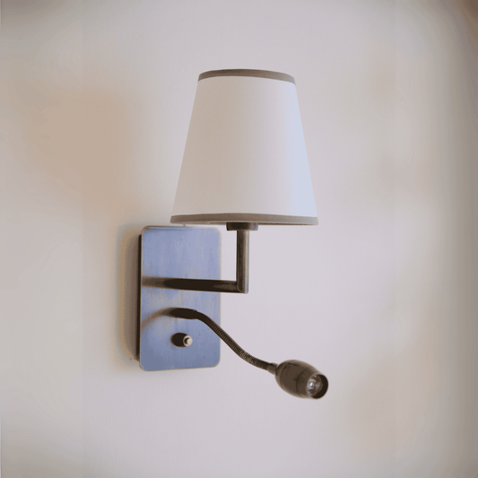 Contemporary black wall sconce with white shade and gooseneck reading light for bedroom or hallway.