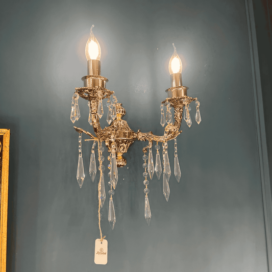 Crystal Brass Wall Sconce – Handmade Double Arm Vintage Light Fixture for Luxury Interiors, Hallways & Gallery Walls