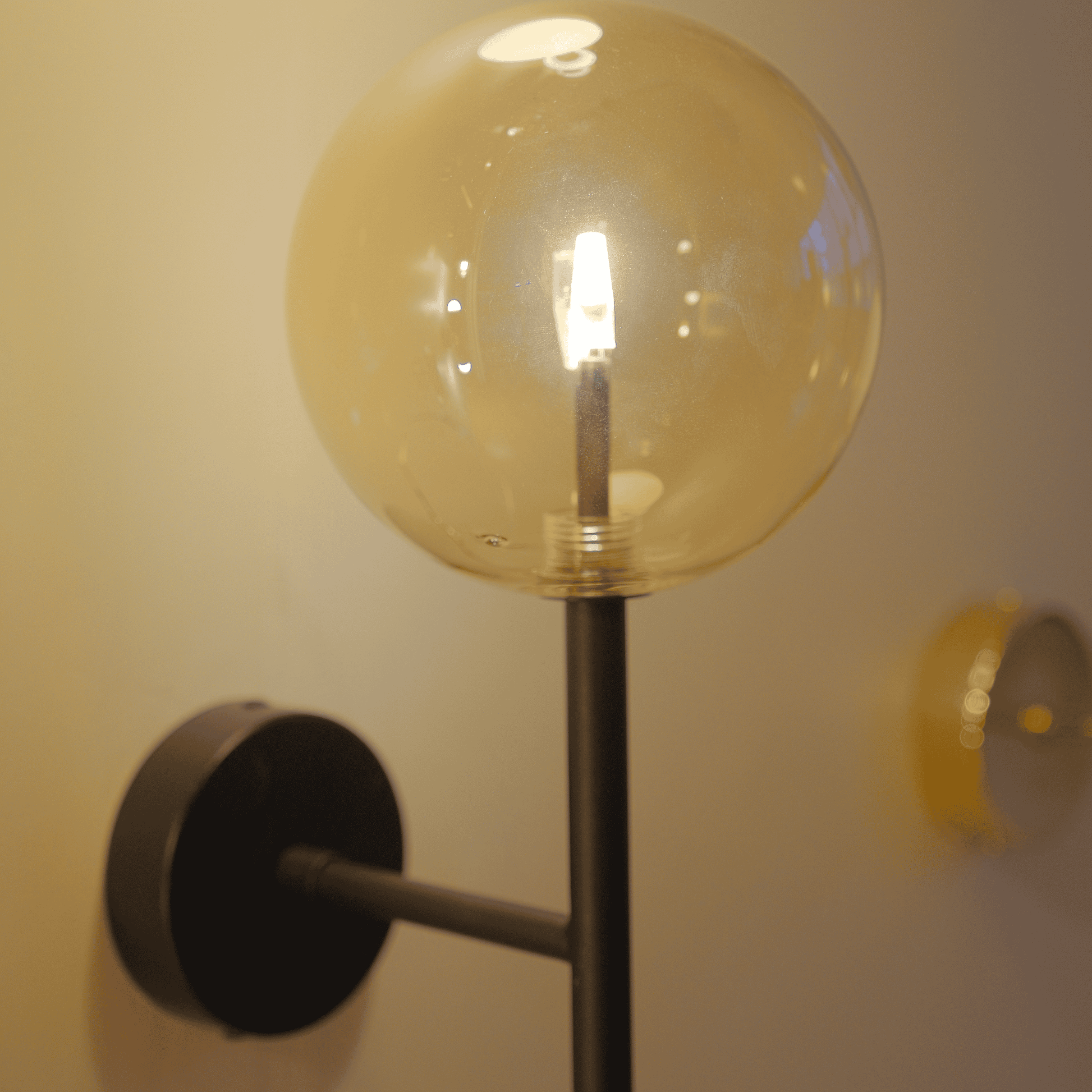 Clear glass globe wall sconce with a sleek black arm and LED bulb.