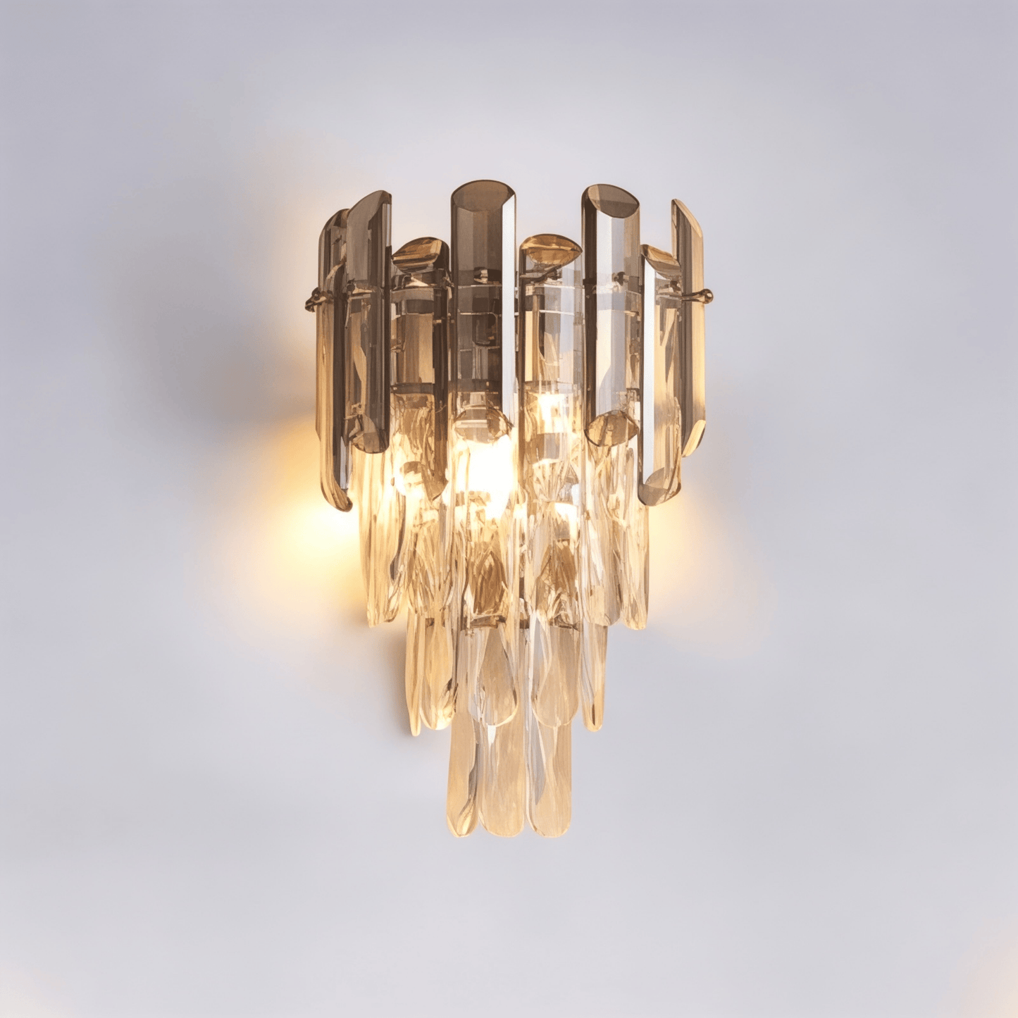 Designer wall light fixture with amber honey-toned crystal rods and gold frame