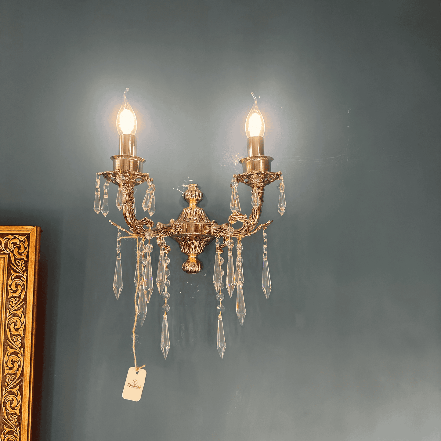Crystal Brass Wall Sconce – Handmade Double Arm Vintage Light Fixture for Luxury Interiors, Hallways & Gallery Walls