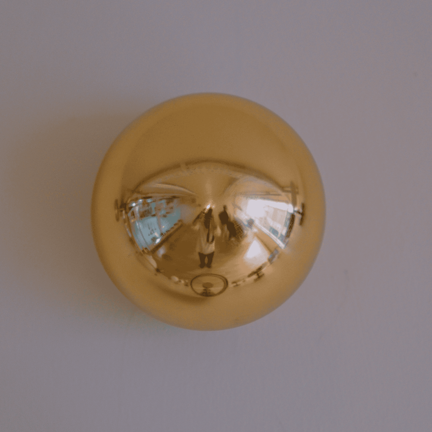 A shiny brass wall sconce reflects its surroundings while adding modern decorative lighting.