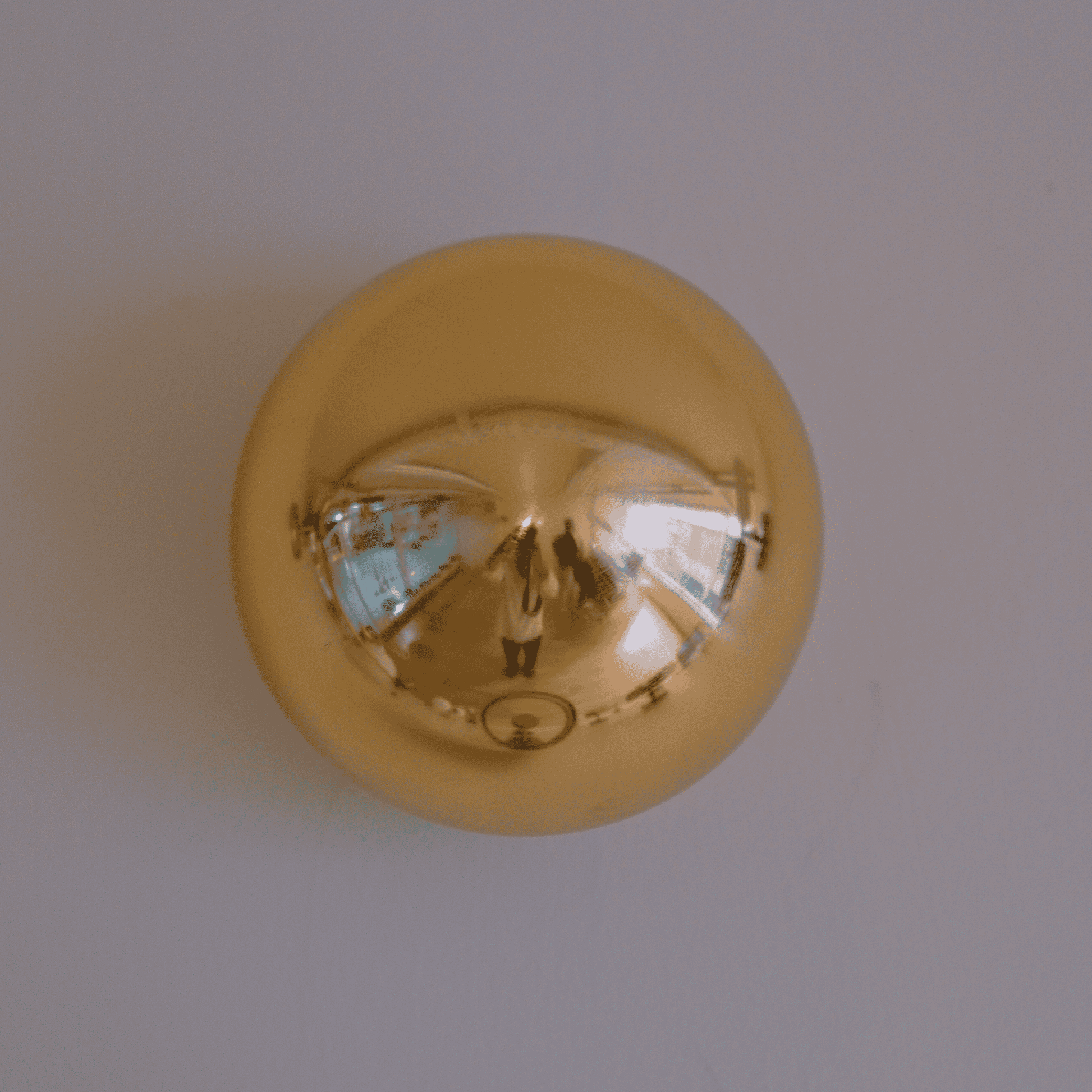 A shiny brass wall sconce reflects its surroundings while adding modern decorative lighting.