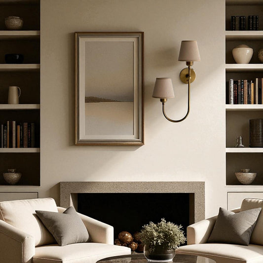 Dual fabric shade wall sconce with brass finish mounted in a neutral-toned living room above fireplace