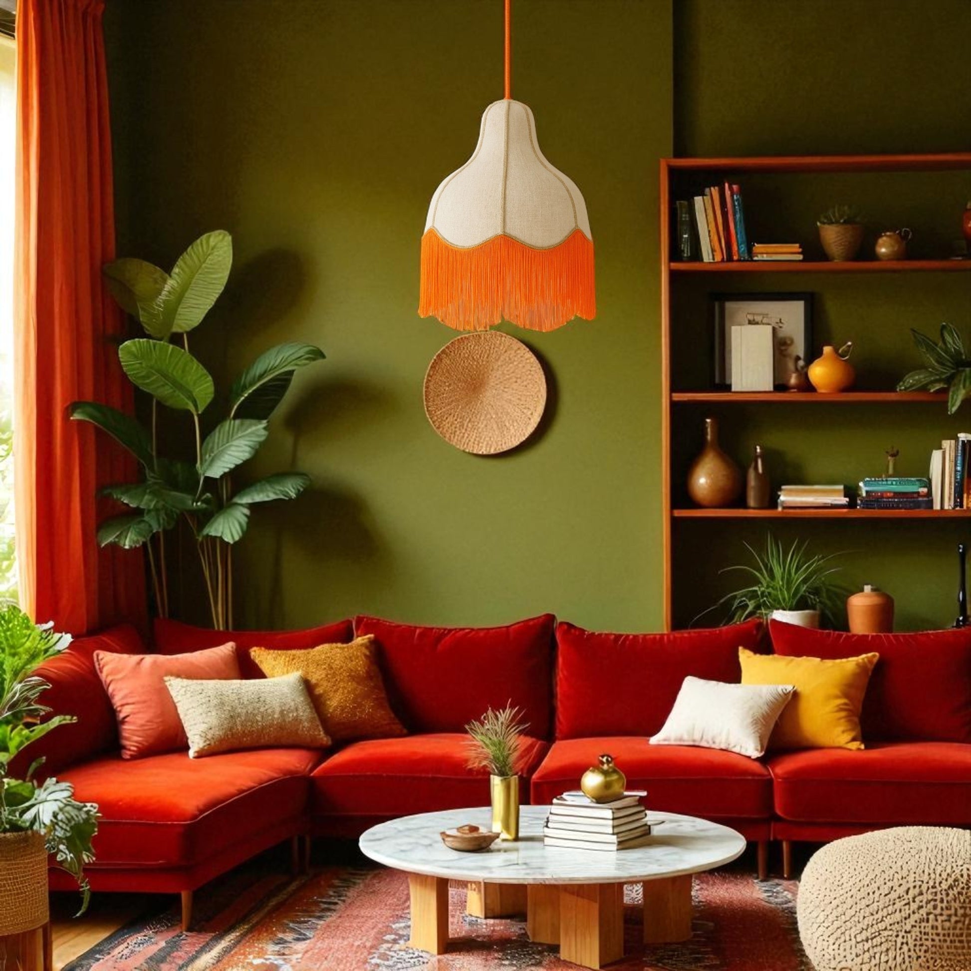 Eclectic living room with green and red decor, featuring a retro orange fringe pendant light as a focal point.