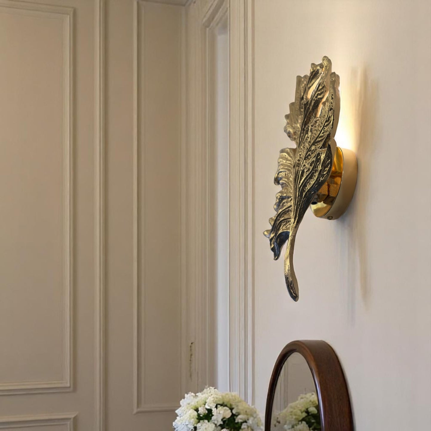 Gold Leaf Wall Sconce – Elegant Nature-Inspired Brass Light Fixture for Hallway, Bedroom, Powder Room | Handmade Accent Lighting