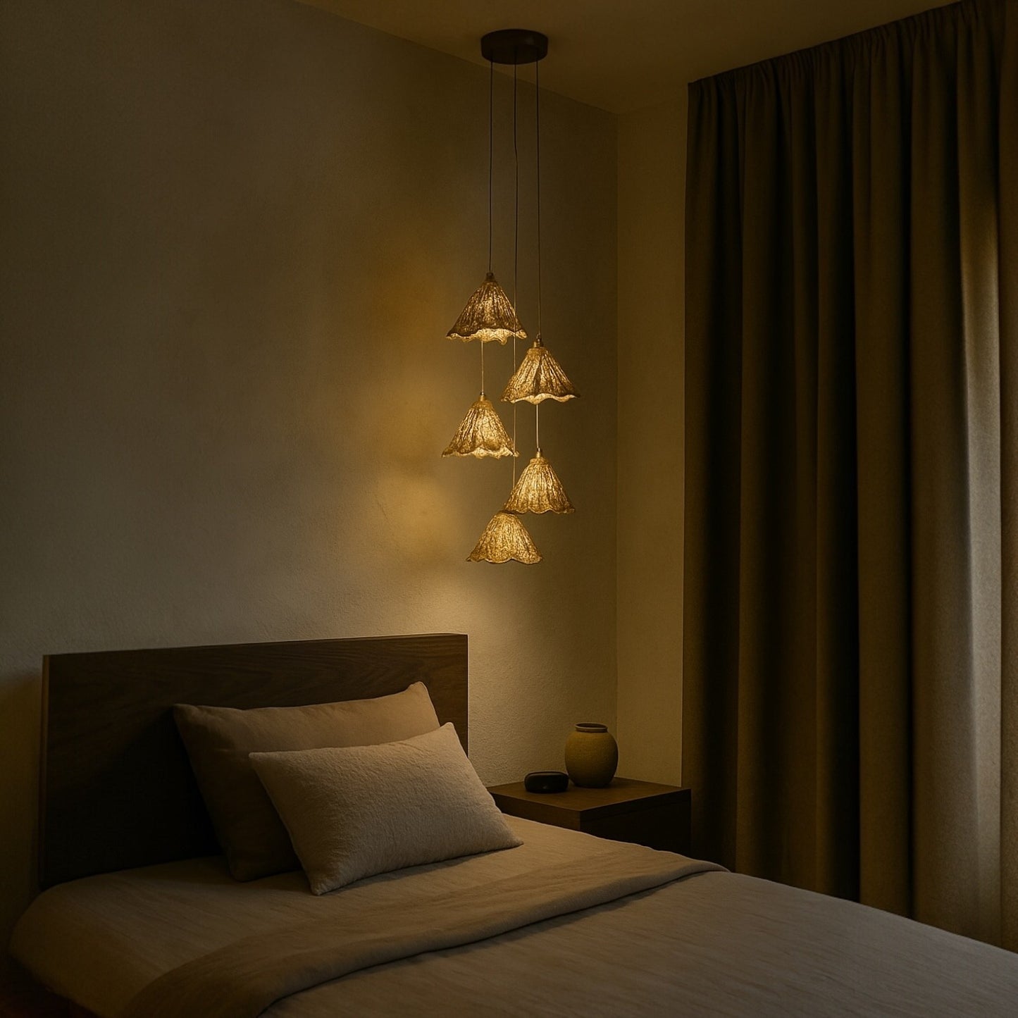 Gold leaf pendant lights hang beside a bed, casting a warm and ambient glow ideal for modern bedroom lighting design.
