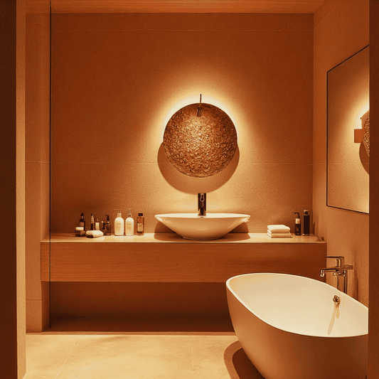 Textured brass wall sconce with backlight above a sink in a luxurious spa-style bathroom