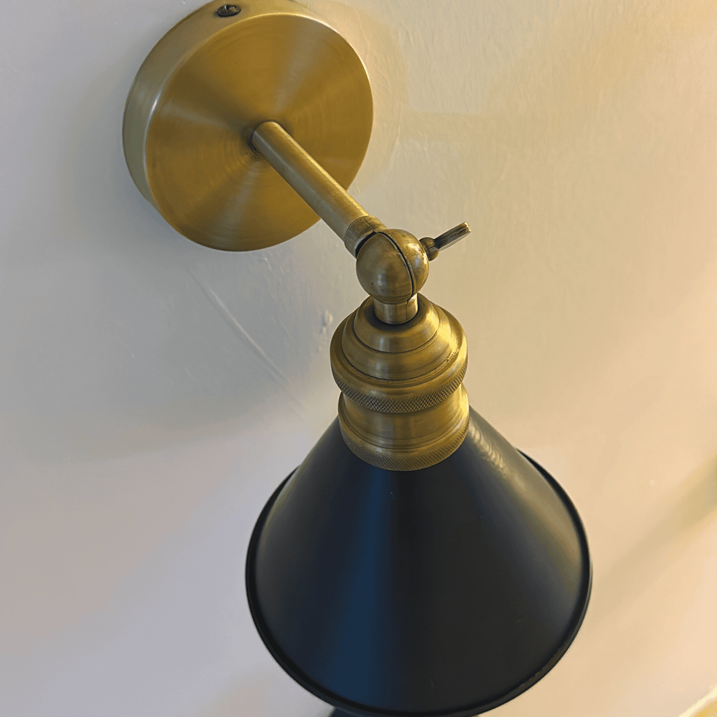 Detail of a black and brass wall sconce showing the mounting hardware and modern industrial finish.