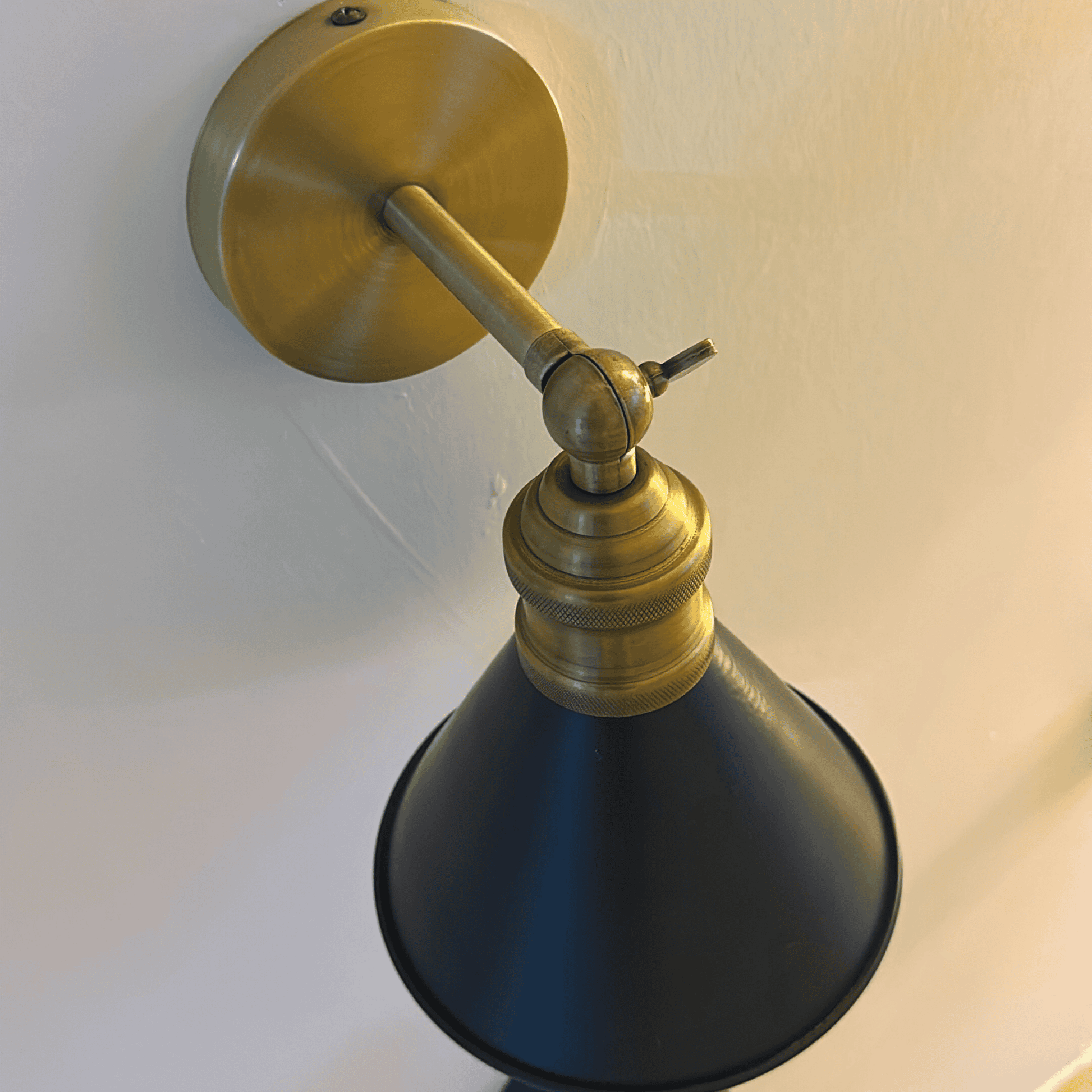 Detail of a black and brass wall sconce showing the mounting hardware and modern industrial finish.