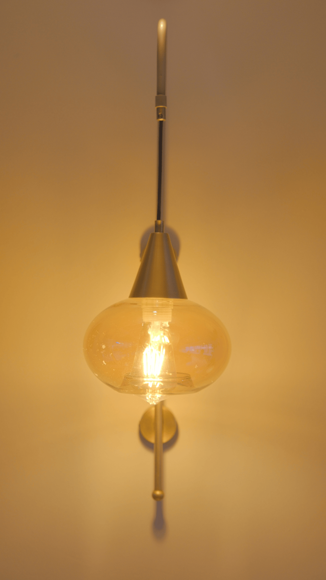 Contemporary brass wall sconce with clear glass shade and warm LED bulb mounted on a wall.