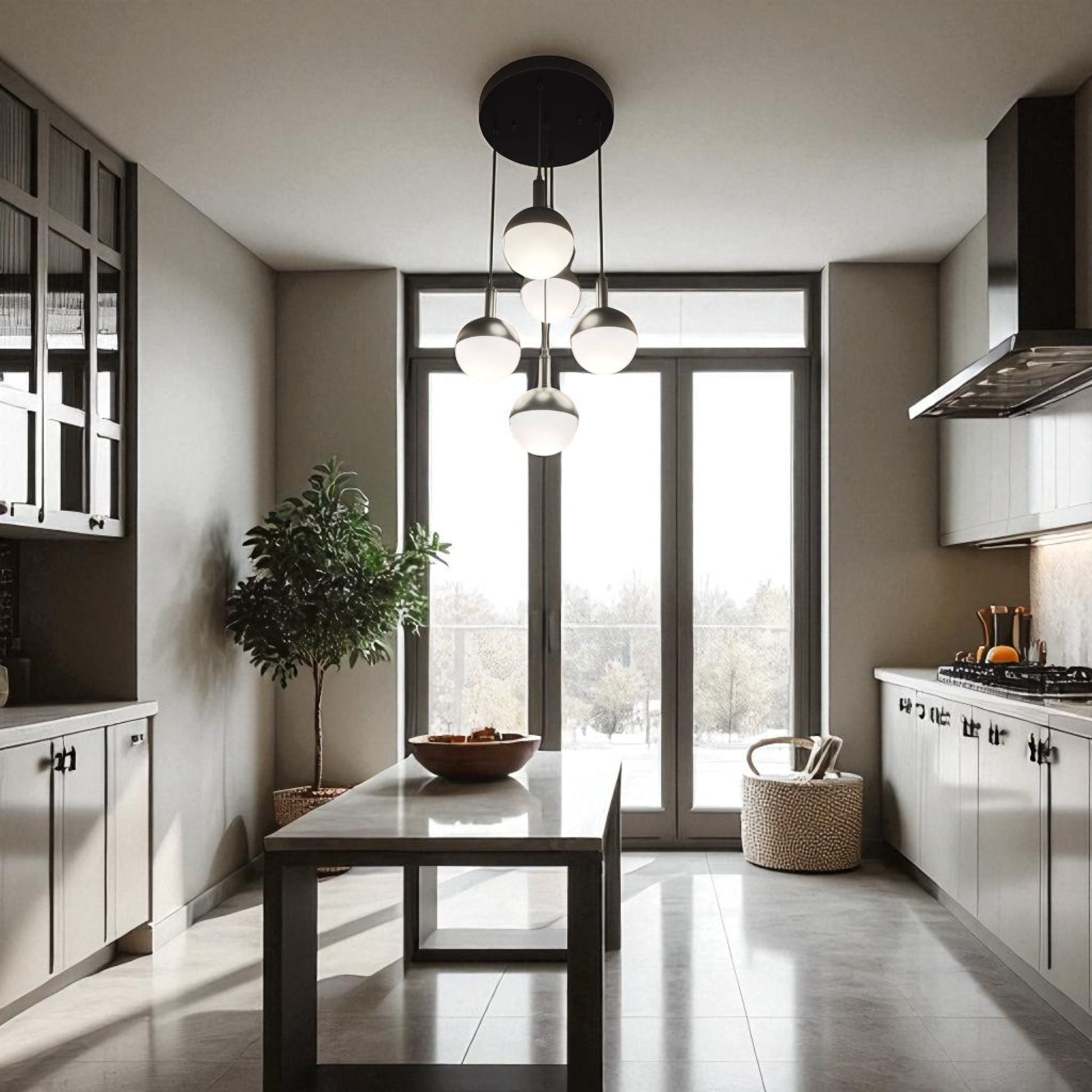 Modern kitchen interior with a multi-globe pendant ceiling light and minimalistic décor