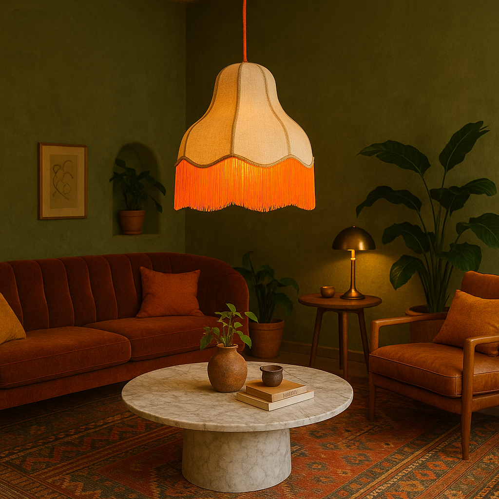 Retro-style lounge with green walls and warm-toned furniture, featuring a glowing orange fringe pendant light.