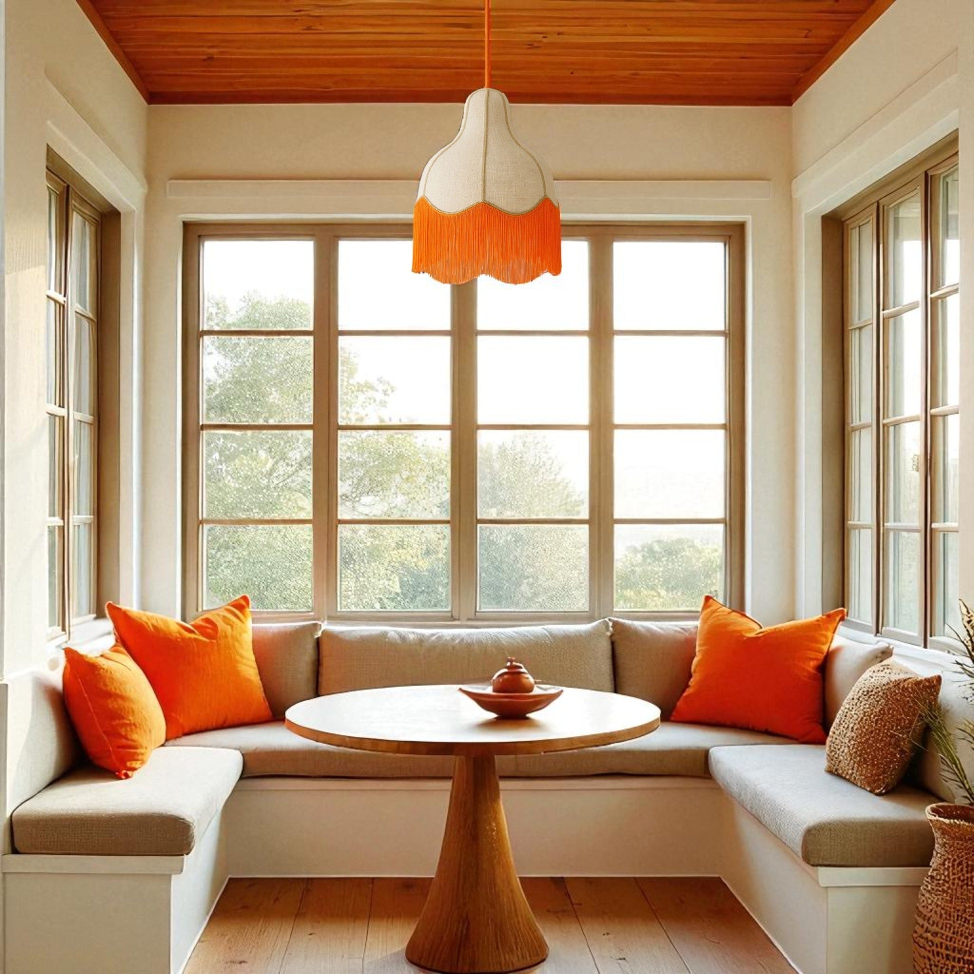 Boho-style breakfast nook with neutral seating and a bold orange fringe pendant light above a wood dining table.