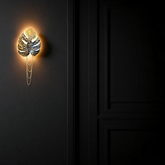 Rainforest Wall Sconce – Cast Brass Leaf Light with Chain Detail