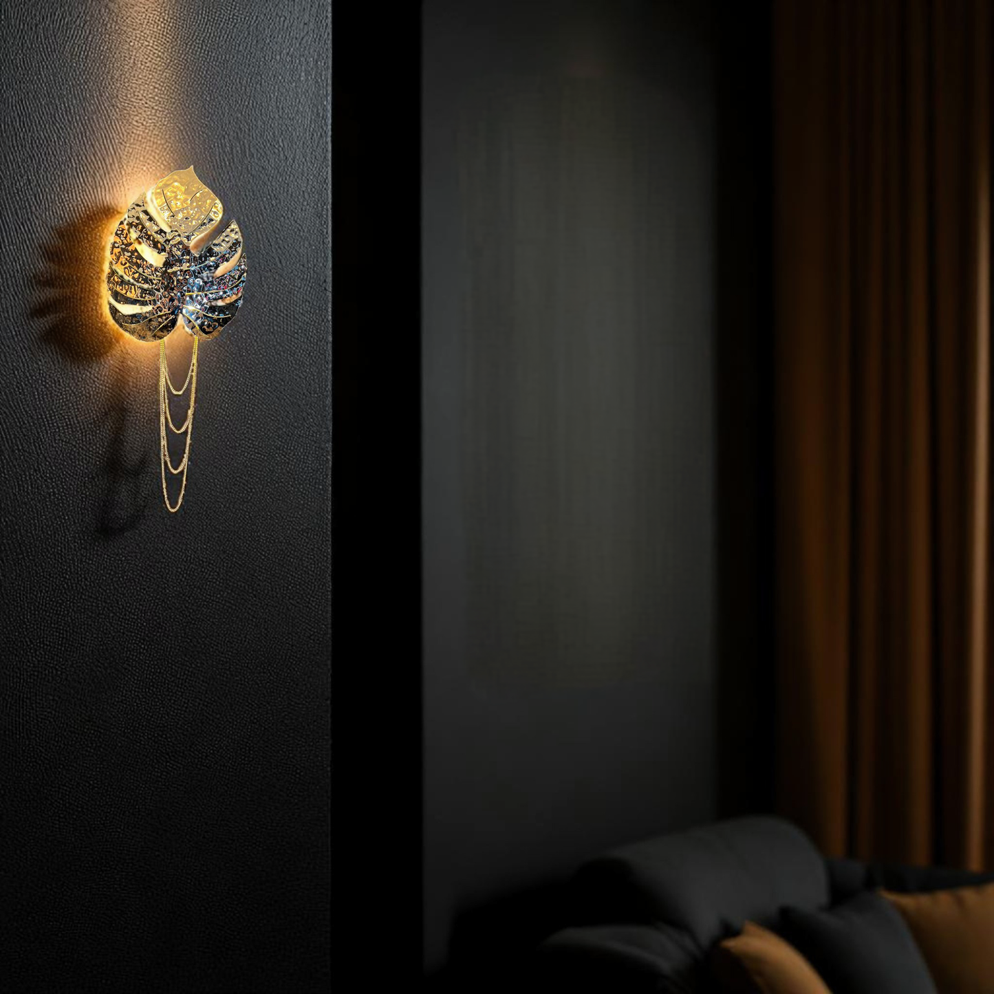 Rainforest Wall Sconce – Cast Brass Leaf Light with Chain Detail
