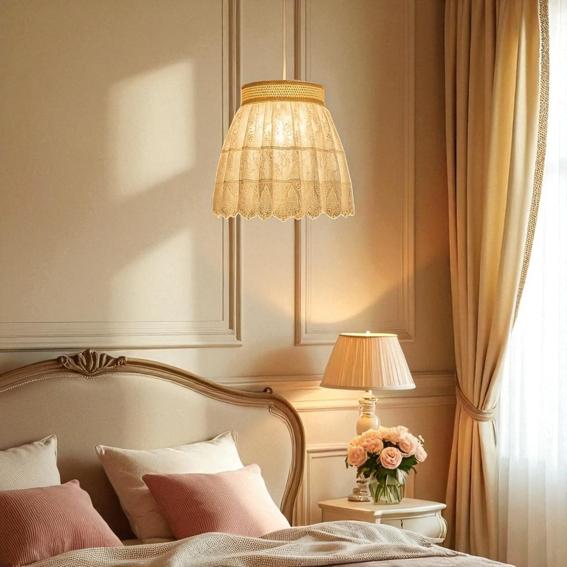 Lace pendant light in a refined interior with warm light, floral decor, and vintage-style furniture.