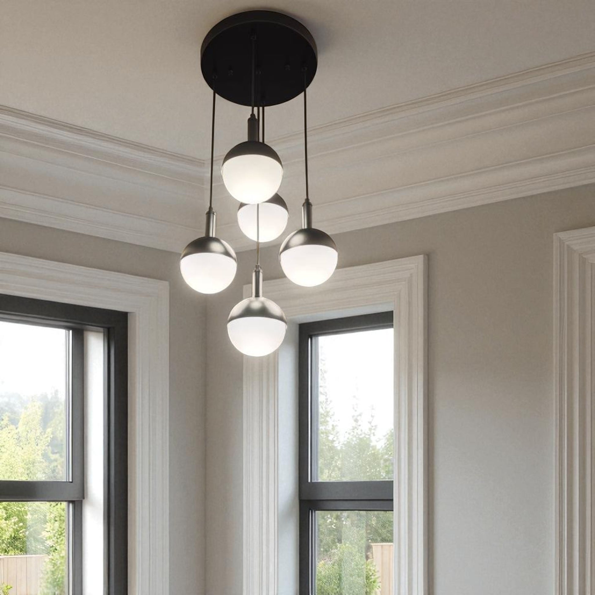 Transitional room with globe ceiling light blending modern and classic styles.