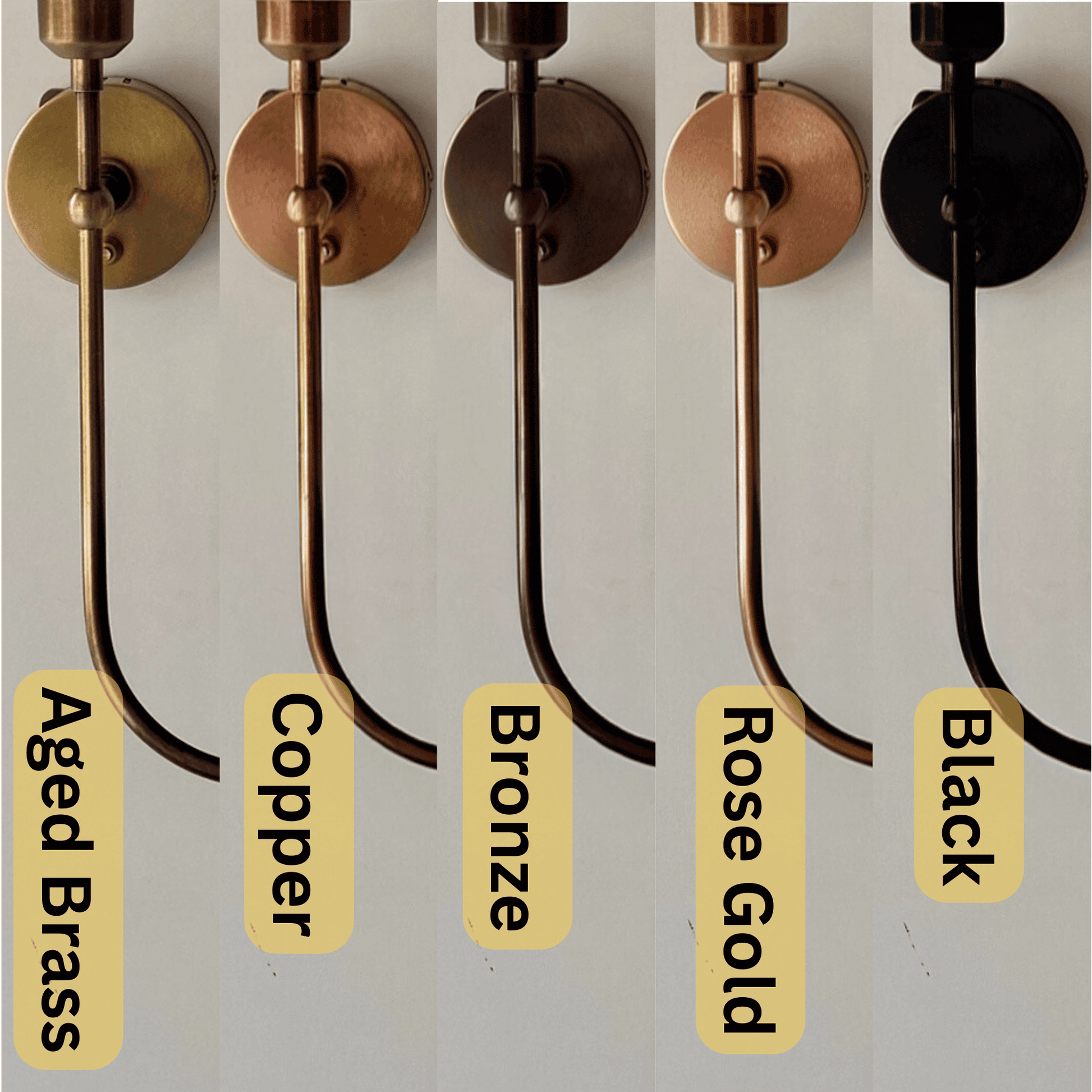 Five wall sconces in different finishes - aged brass, copper, bronze, rose gold, and matte black - shown side by side