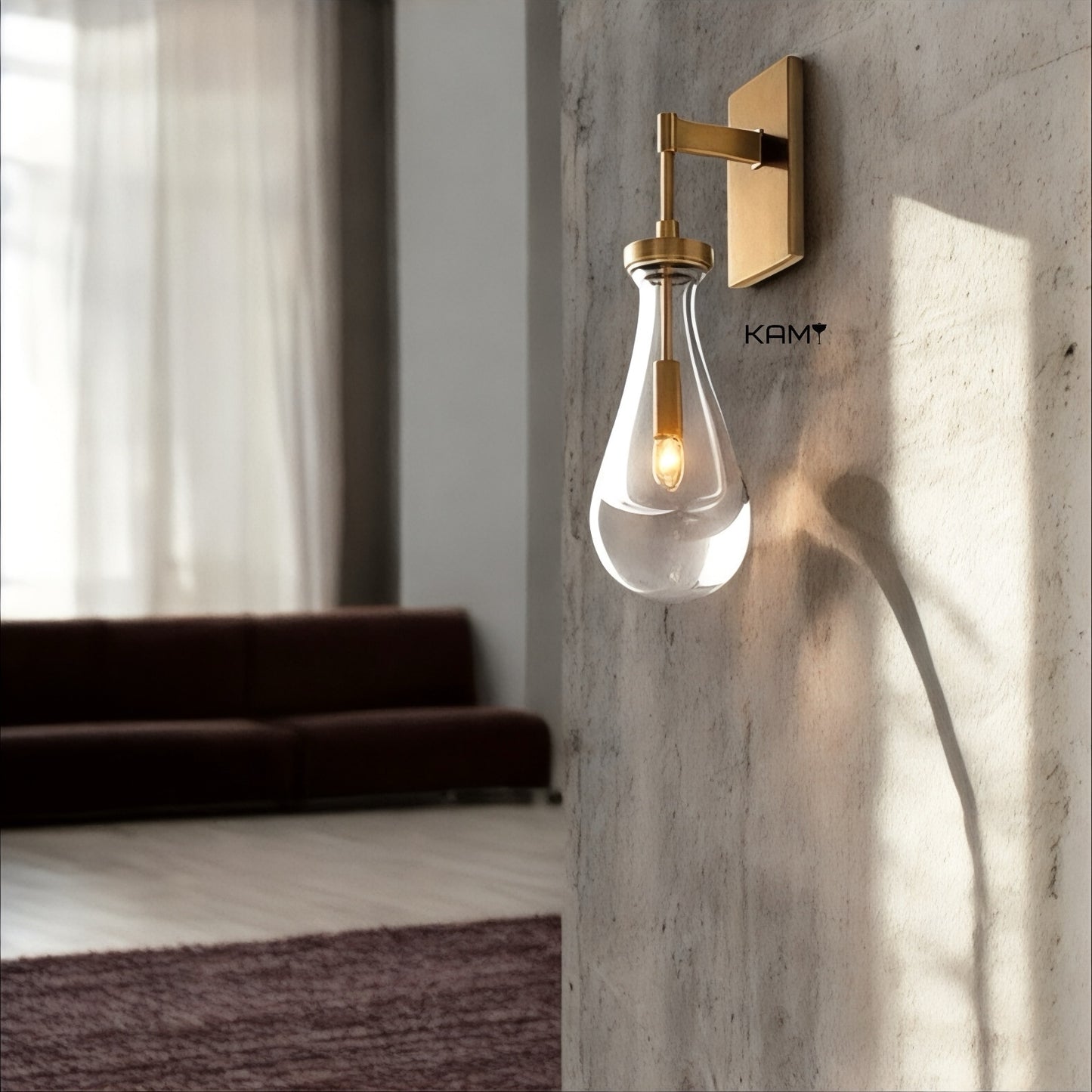 Modern Clear Glass Wall Sconce - Gold Accent Minimalist Lighting - Livingroom, Bedroom, Hallway or Office Decor - Kami Lighting