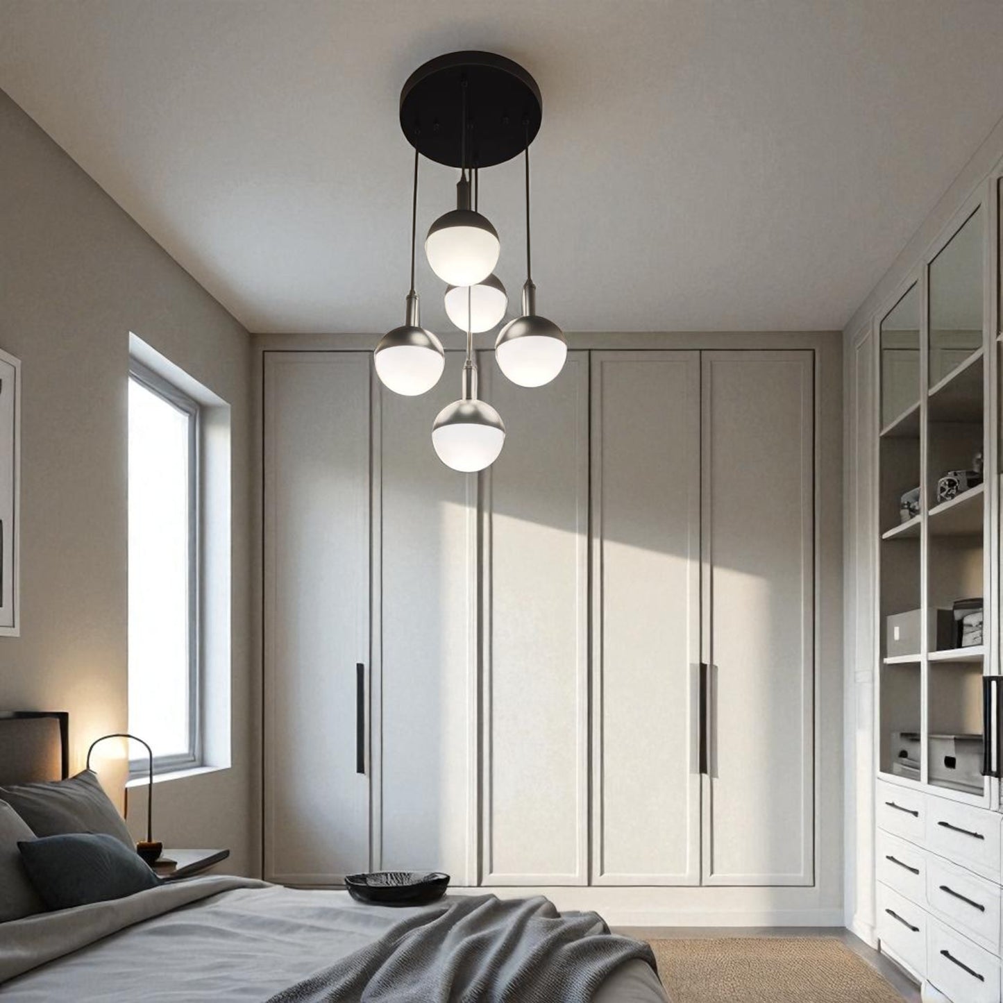 Bedroom with a modern five-globe ceiling pendant providing soft ambient light.