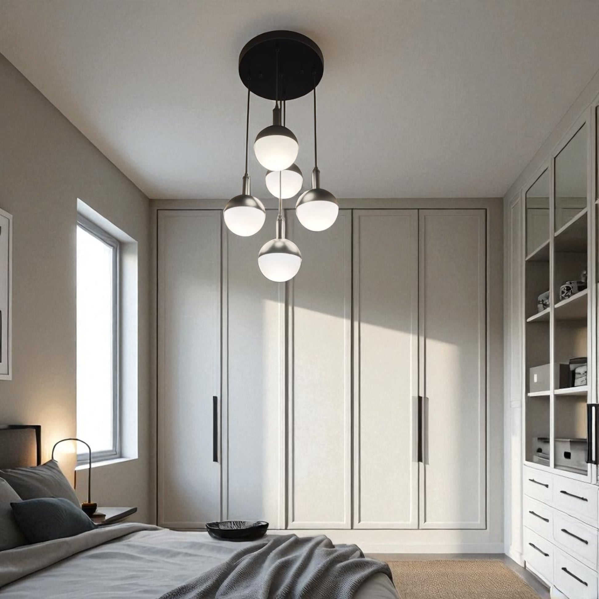 Bedroom with a modern five-globe ceiling pendant providing soft ambient light.