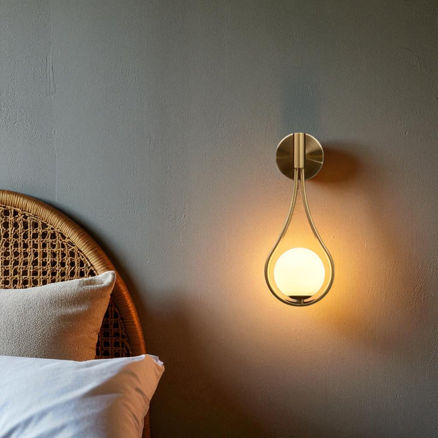 Brass wall sconce with globe light mounted above a rattan headboard in a minimalist bedroom