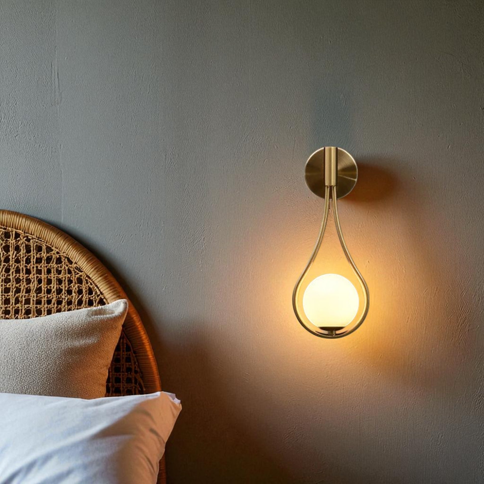 Brass wall sconce with globe light mounted above a rattan headboard in a minimalist bedroom