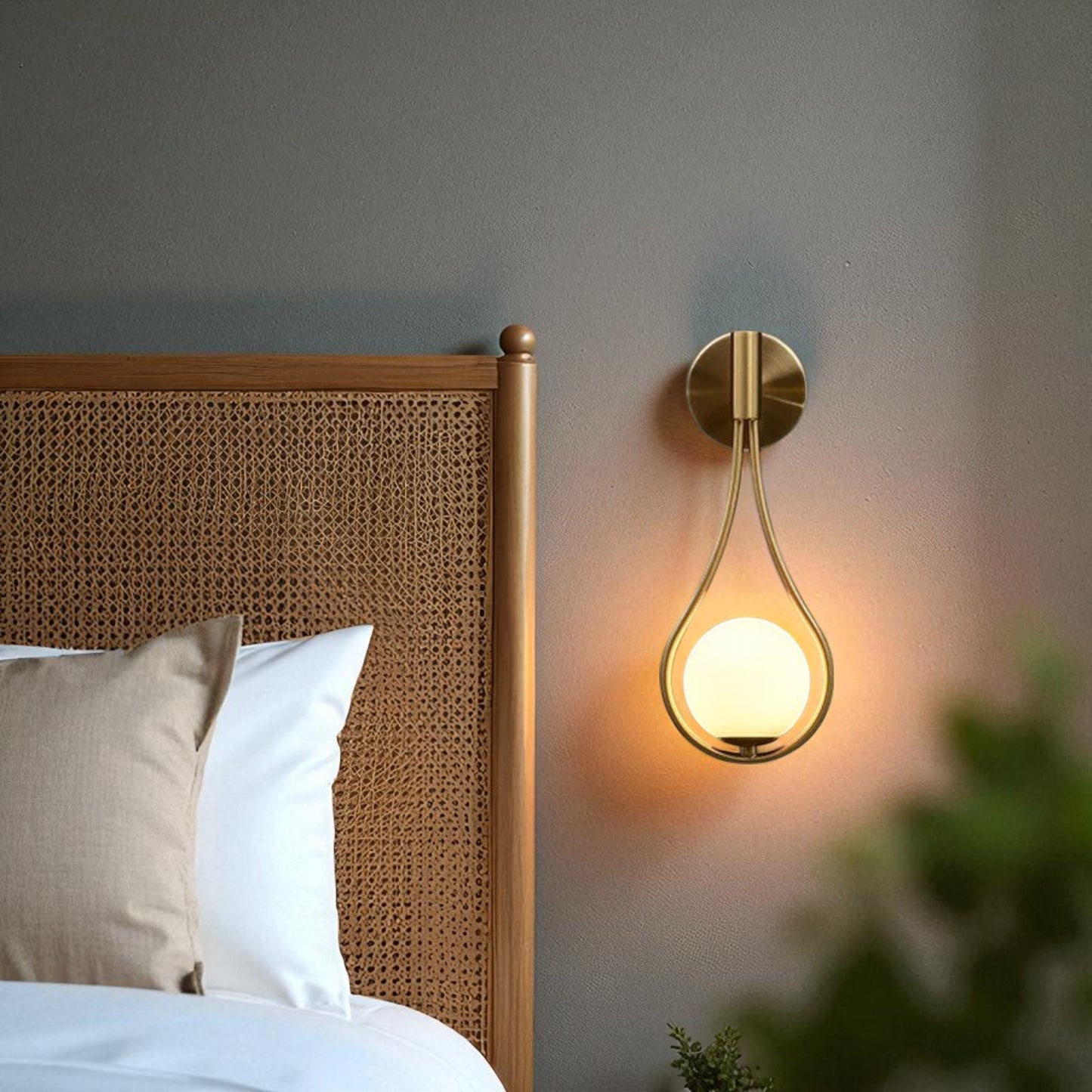 Brass teardrop wall sconce with globe bulb mounted beside a rattan bed in a cozy boho-style bedroom.