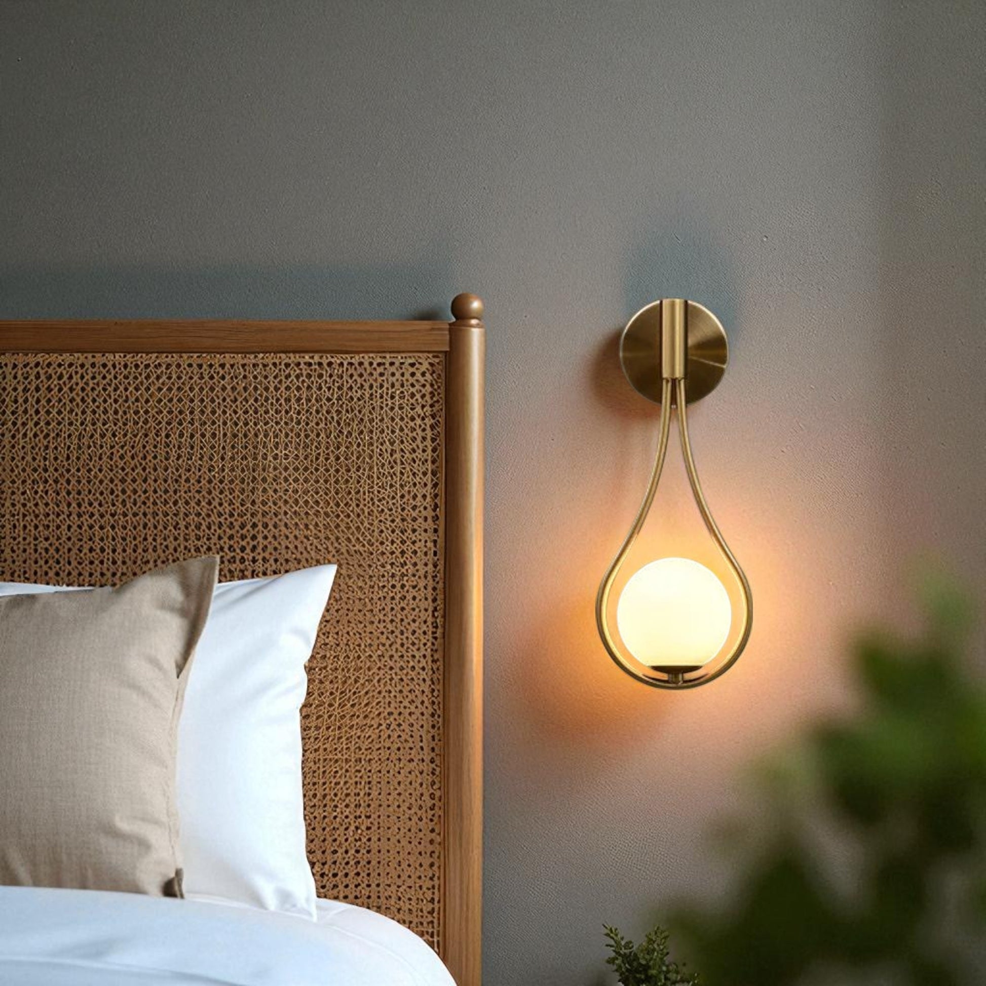 Brass teardrop wall sconce with globe bulb mounted beside a rattan bed in a cozy boho-style bedroom.