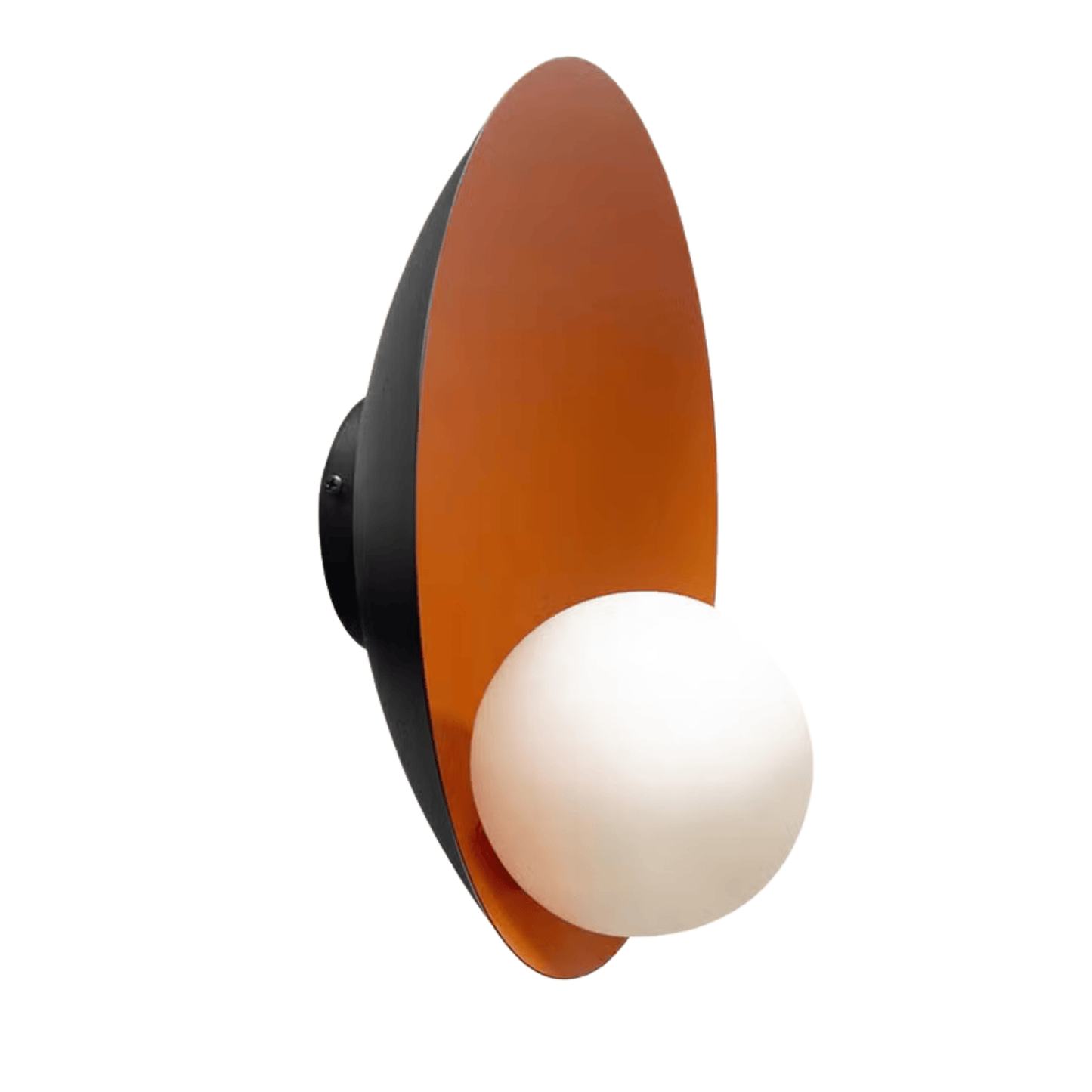 Wall-mounted sconce with orange reflector and frosted glass globe