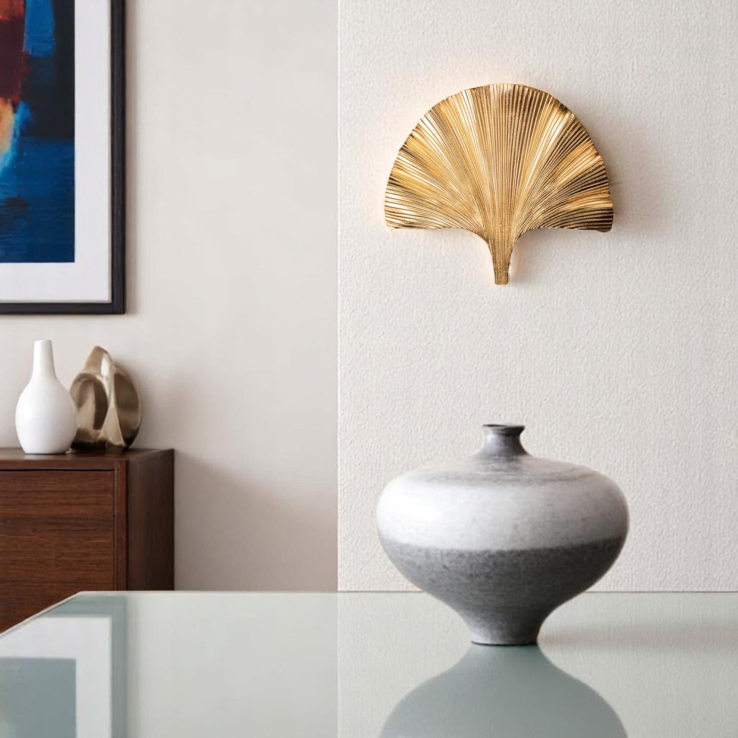 Golden Ginkgo Leaf Wall Sconce With Elegant Fan-Like Ribbing