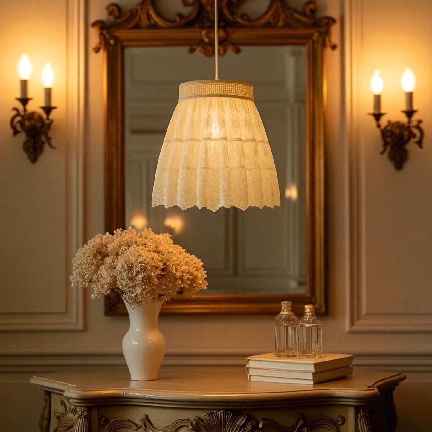 A glowing pendant lamp with lace fabric shade radiating warm ambient light in a soft vintage style.