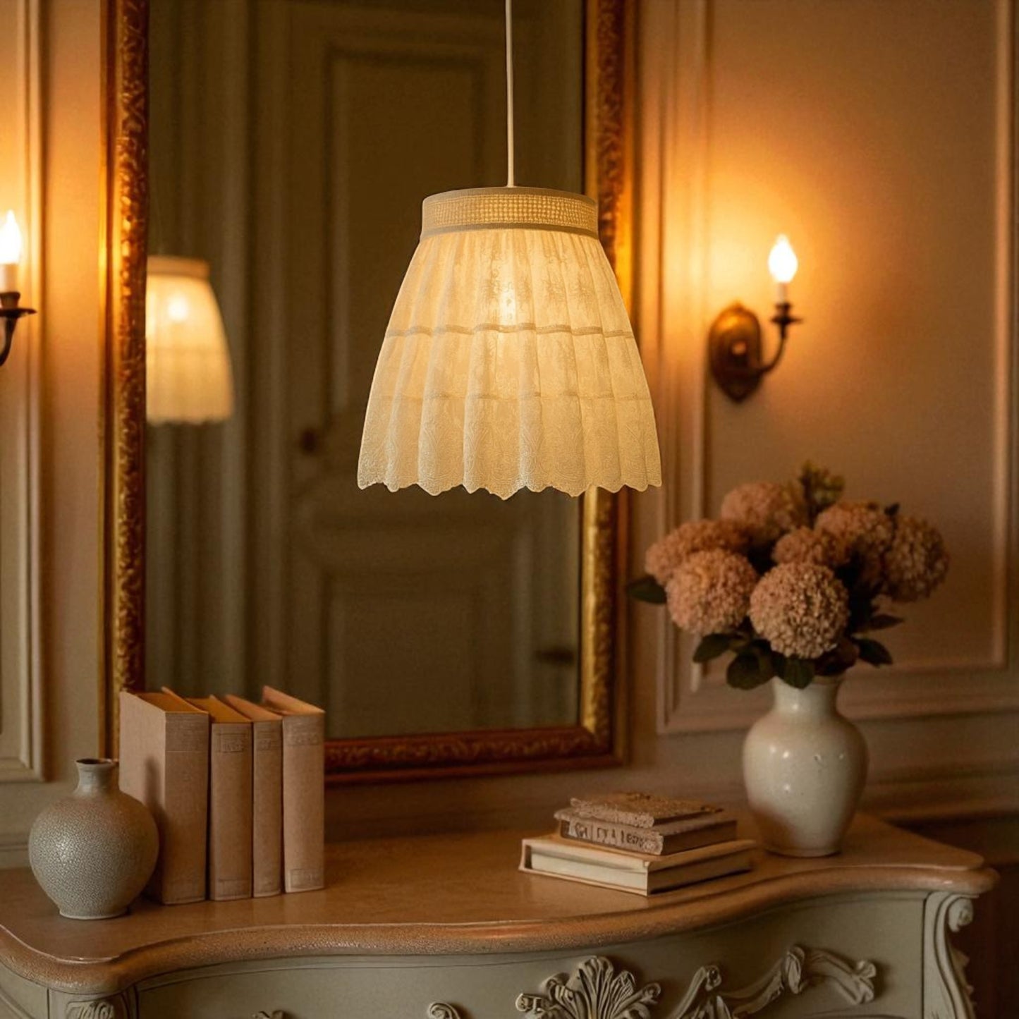 A pendant light with a vintage lace skirt shade and a woven trim, offering soft and decorative ambient lighting.