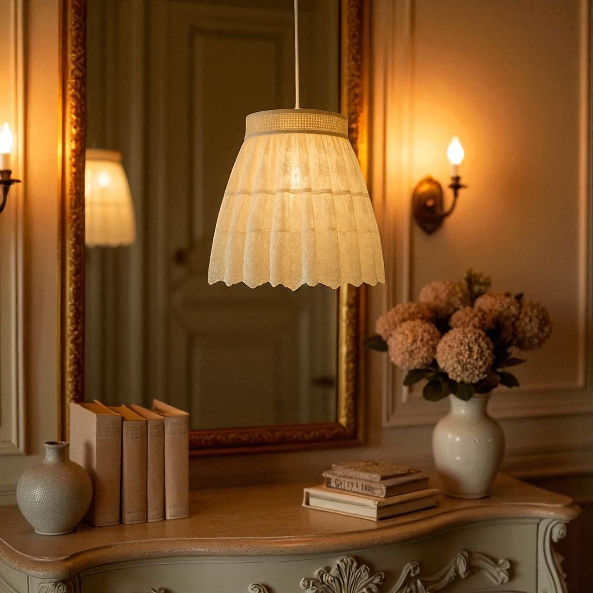 A pendant light with a vintage lace skirt shade and a woven trim, offering soft and decorative ambient lighting.