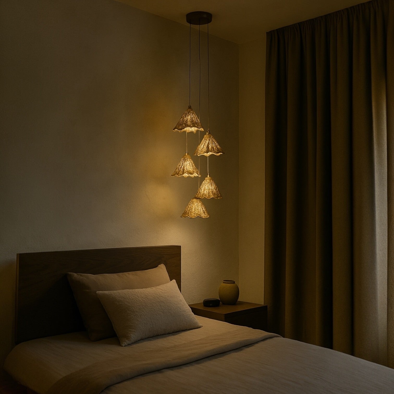 Gold leaf pendant lights hang beside a bed, casting a warm and ambient glow ideal for modern bedroom lighting design.