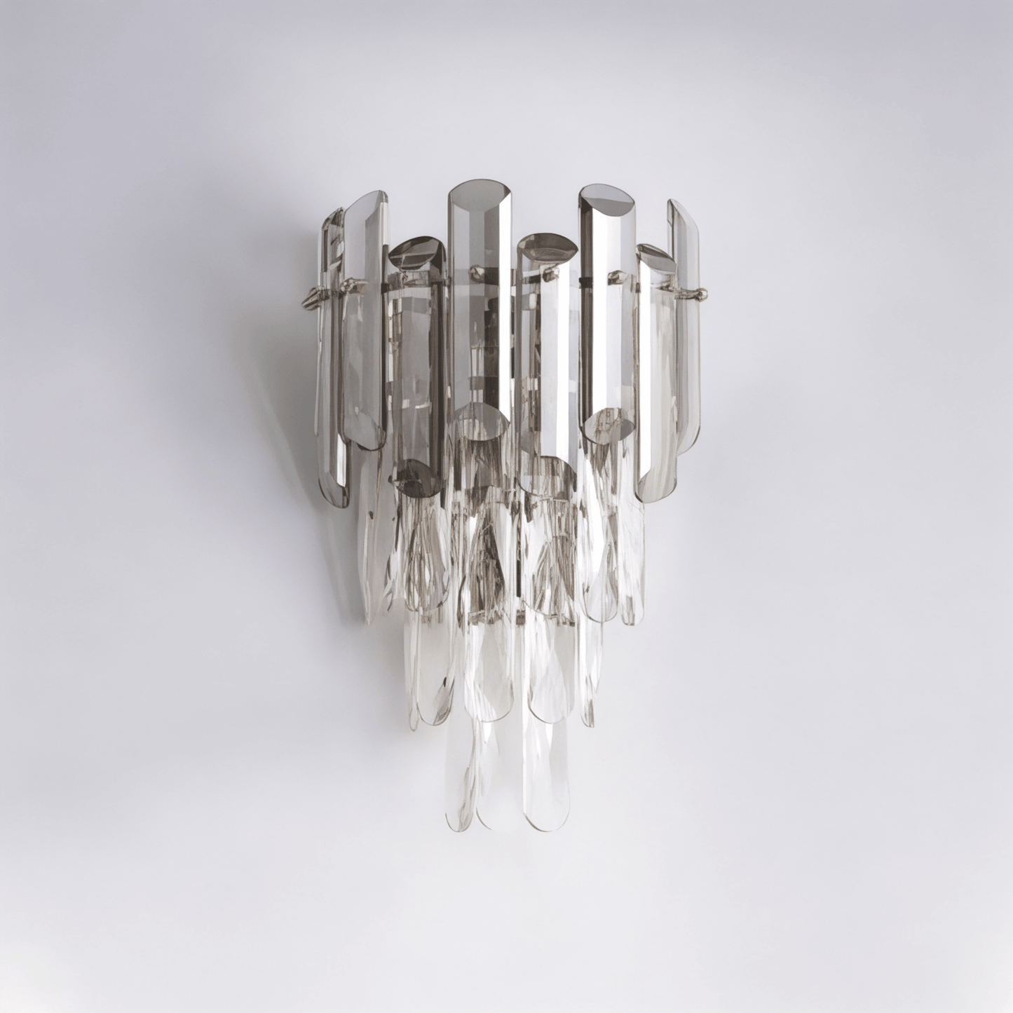 Designer wall light fixture with amber smoke-toned crystal rods and gold frame