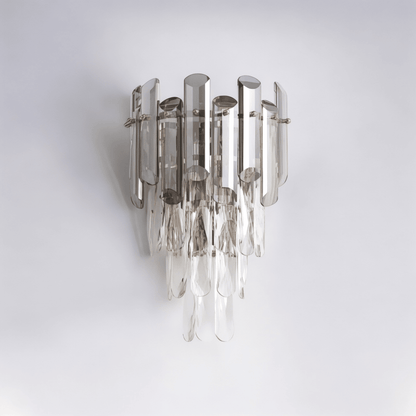 Designer wall light fixture with amber smoke-toned crystal rods and gold frame