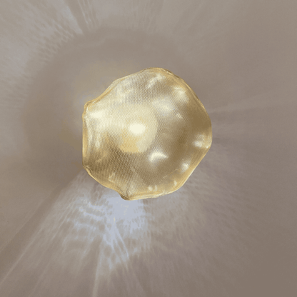 Organic-shaped glass wall sconce emits warm ambient light and textured shadows against a neutral backdrop.