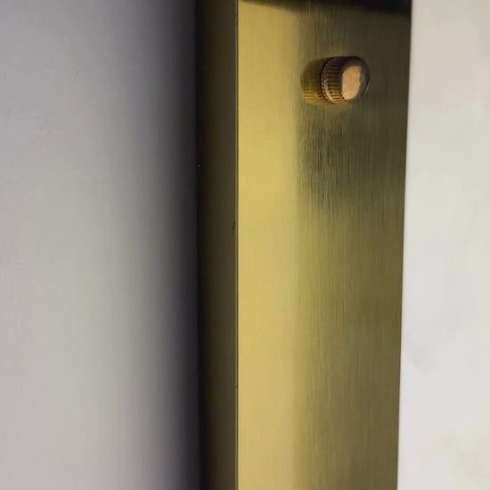 Wall-mounted brass sconce with a curved frame and alabaster shade against a light background.