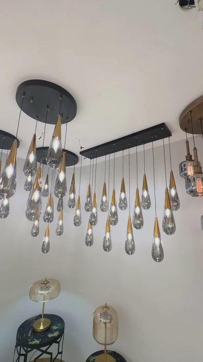 Brass-Tipped Teardrop Glass Pendant Chandelier – Custom Light Count | Modern Luxury Ceiling Lighting