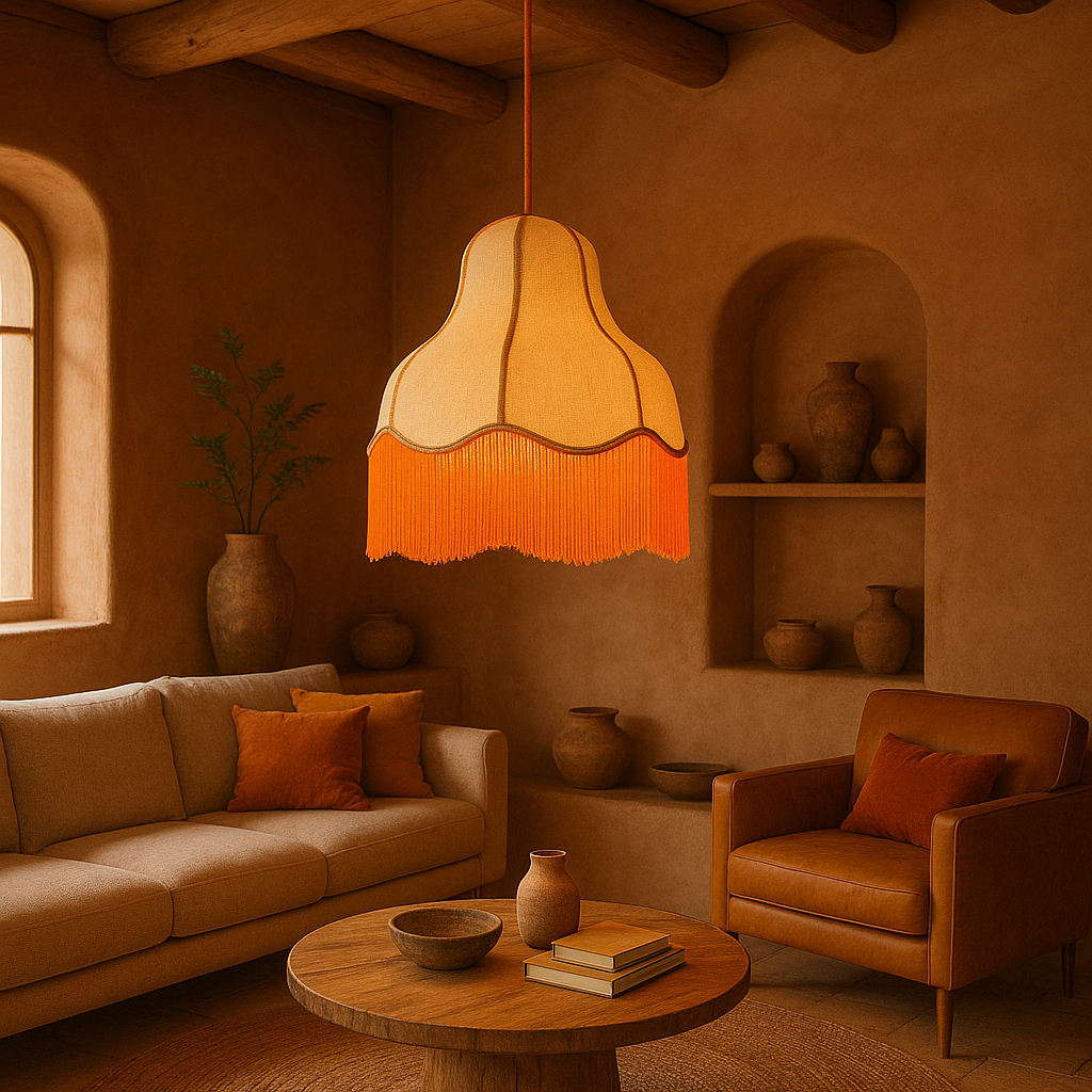 Southwestern-style interior with earthy decor and a glowing orange fringe pendant light as a central ceiling fixture.